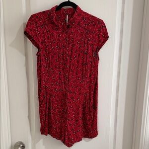 Free People Red Floral Romper with Pockets Small